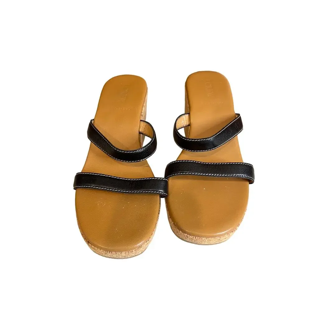 J Crew Strappy Leather Cork Platform Wedge Sandals Black 8